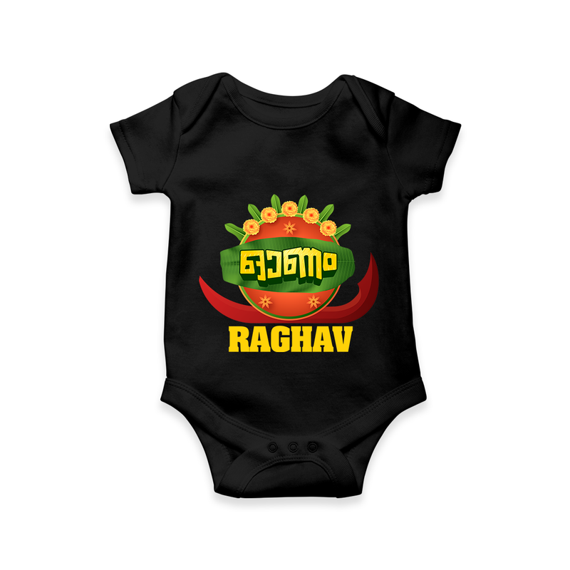 Happy Onam Wishes Romper / Onesie | Personalized Baby Romper / Onesie for Onam Festival - BLACK - New Born (Chest 14")