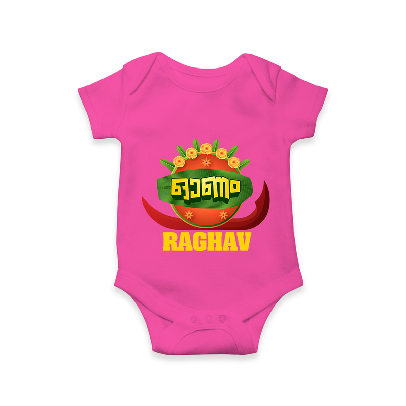 Happy Onam Wishes Romper / Onesie | Personalized Baby Romper / Onesie for Onam Festival - HOT PINK - New Born (Chest 14")