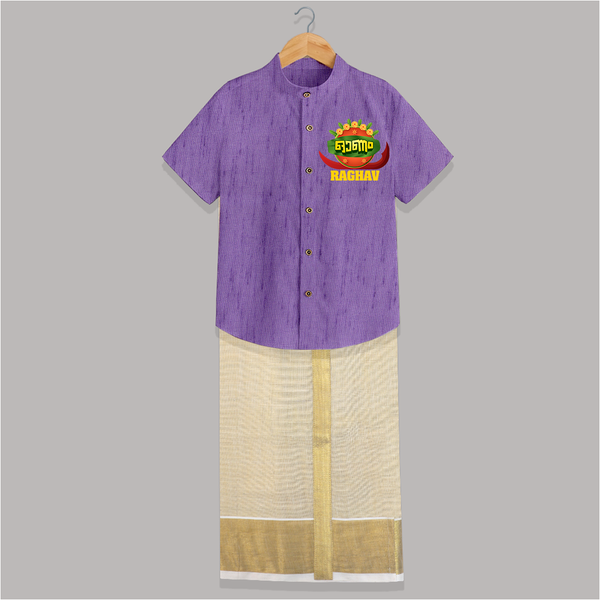 Happy Onam Wishes Shirt And Dhoti | Personalized Baby Shirt And Dhoti for Onam Festival - ROYAL PURPLE - 0 - 6 Months Old (Chest-23") (Dhoti length-14")