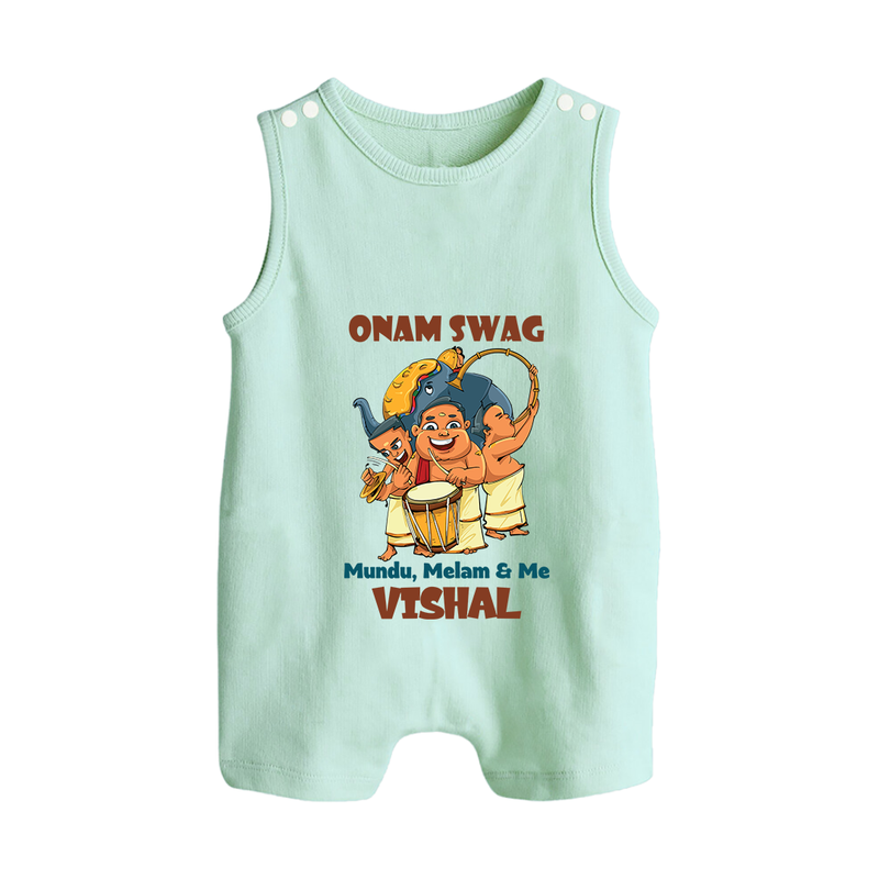 Onam Swag Mundu Melam and Me Romper Suit | Personalized Baby Romper Suit for Onam Style - MINT GREEN - 0 - 5 Months Old (Chest 18")
