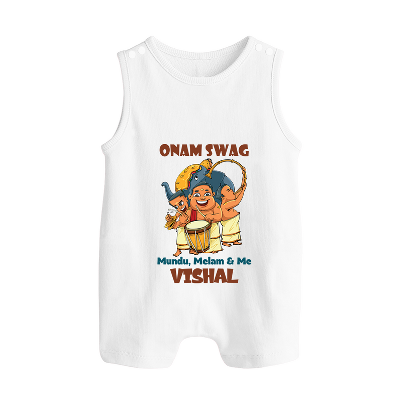 Onam Swag Mundu Melam and Me Romper Suit | Personalized Baby Romper Suit for Onam Style - WHITE - 0 - 5 Months Old (Chest 18")