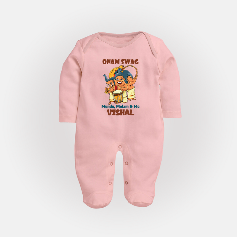 Onam Swag Mundu Melam and Me Sleep Suit | Personalized Baby Sleep Suit for Onam Style - BABY PINK - New Born (Chest 7.5")
