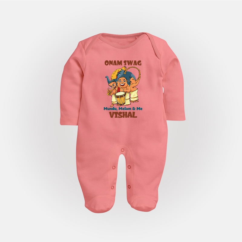 Onam Swag Mundu Melam and Me Sleep Suit | Personalized Baby Sleep Suit for Onam Style - PEACH - New Born (Chest 7.5")