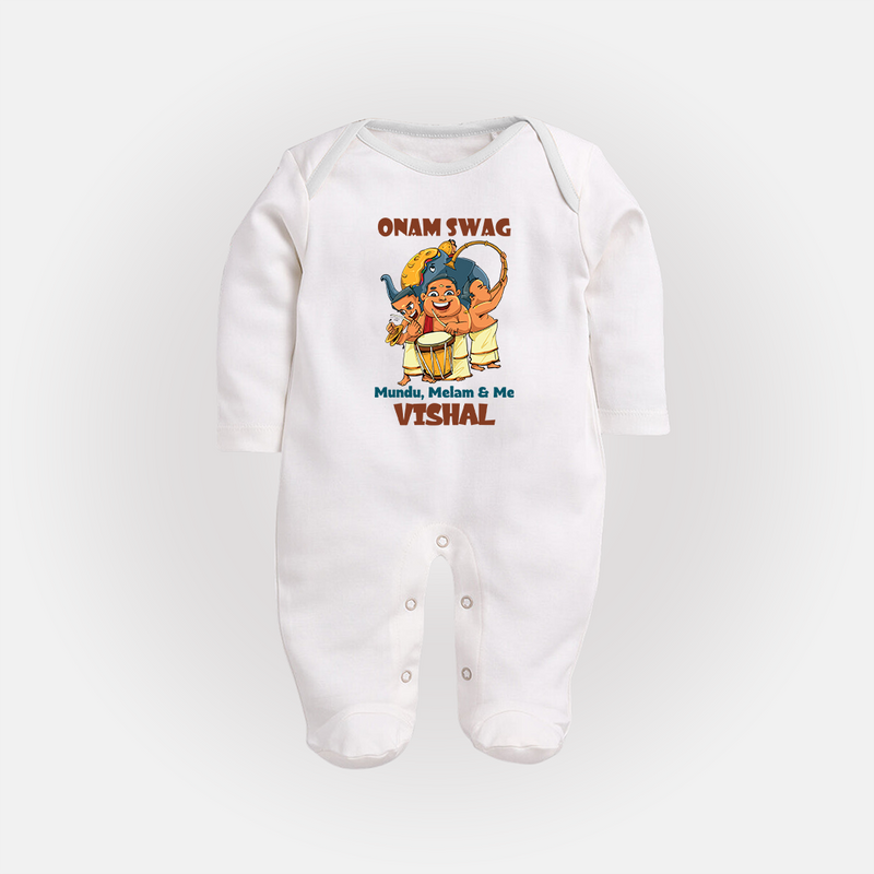 Onam Swag Mundu Melam and Me Sleep Suit | Personalized Baby Sleep Suit for Onam Style - WHITE - New Born (Chest 7.5")