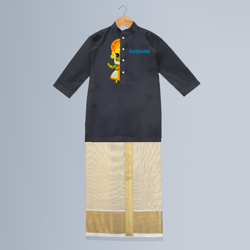 Kathakali Vibes - Customized Kurta And Mundu For Boys - DARK GREY - 0-6 Month Old (Chest 24", Kurta Length 14", Dhoti Length 14")