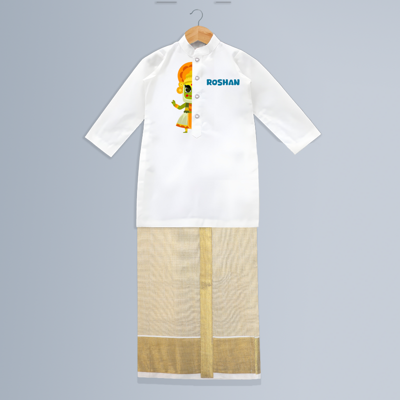 Kathakali Vibes - Customized Kurta And Mundu For Boys - WHITE - 0-6 Month Old (Chest 24", Kurta Length 14", Dhoti Length 14")