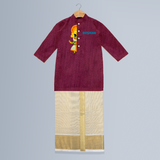 Kathakali Vibes - Customized Kurta And Mundu For Boys - WINE - 0-6 Month Old (Chest 24", Kurta Length 14", Dhoti Length 14")