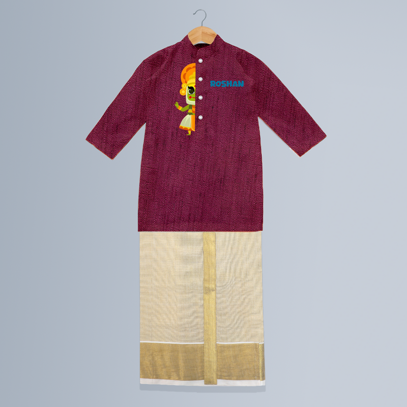 Kathakali Vibes - Customized Kurta And Mundu For Boys - WINE - 0-6 Month Old (Chest 24", Kurta Length 14", Dhoti Length 14")