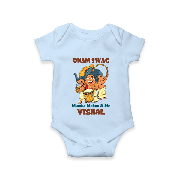Onam Swag Mundu Melam and Me Romper / Onesie | Personalized Baby Romper / Onesie for Onam Style - BABY BLUE - New Born (Chest 14")
