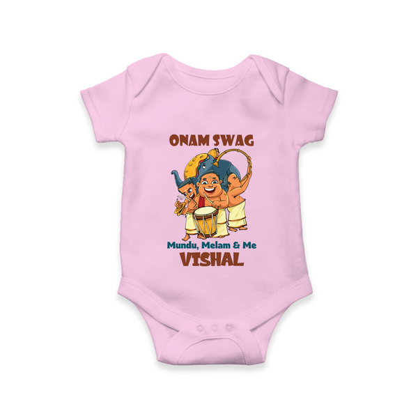 Onam Swag Mundu Melam and Me Romper / Onesie | Personalized Baby Romper / Onesie for Onam Style - BABY PINK - New Born (Chest 14")