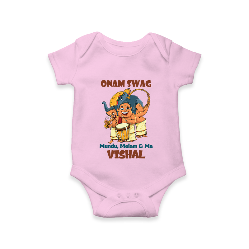 Onam Swag Mundu Melam and Me Romper / Onesie | Personalized Baby Romper / Onesie for Onam Style - BABY PINK - New Born (Chest 14")