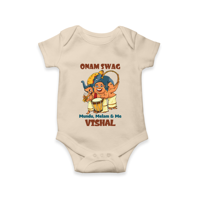 Onam Swag Mundu Melam and Me Romper / Onesie | Personalized Baby Romper / Onesie for Onam Style - IVORY - New Born (Chest 14")