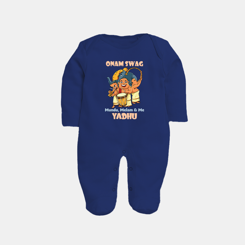 Onam Swag Mundu Melam and Me Sleep Suit | Personalized Baby Sleep Suit for Onam Style - NAVY BLUE - New Born (Chest 7.5")