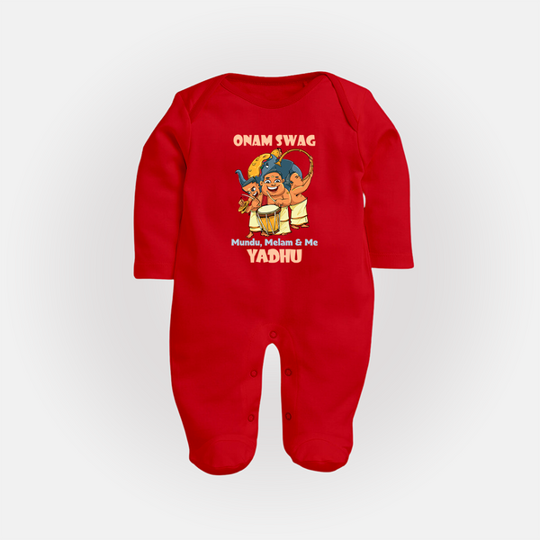 Onam Swag Mundu Melam and Me Sleep Suit | Personalized Baby Sleep Suit for Onam Style - RED - New Born (Chest 7.5")