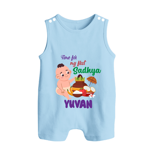 My First Onam Sadhya Celebration Button Romper - BABY BLUE - New Born (Chest 18")
