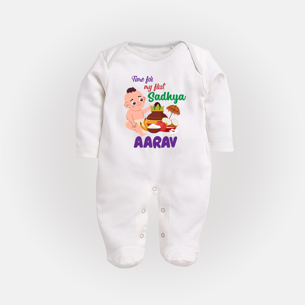 Time for My First Sadhya Sleep Suit | Custom Baby Sleep Suit for the First Onam Feast - WHITE - New Born (Chest 7.5")