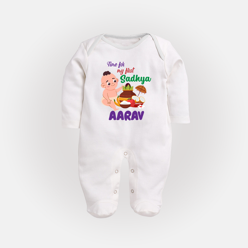 Time for My First Sadhya Sleep Suit | Custom Baby Sleep Suit for the First Onam Feast - WHITE - New Born (Chest 7.5")