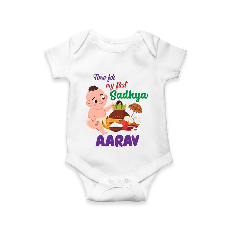 Time for My First Sadhya Romper / Onesie | Custom Baby Romper / Onesie for the First Onam Feast - WHITE - New Born (Chest 14")