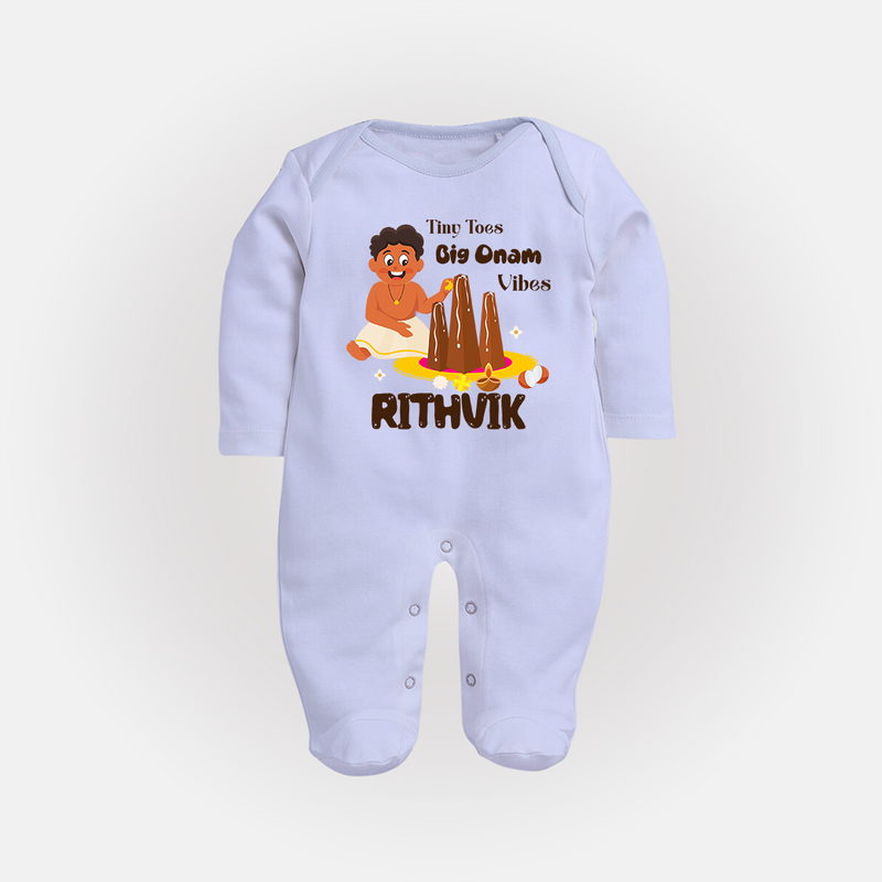 Tiny Toes Big Onam Vibes Sleep Suit | Personalized Baby Sleep Suit for Onam Festivities - BABY BLUE - New Born (Chest 7.5")