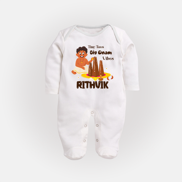 Tiny Toes Big Onam Vibes Sleep Suit | Personalized Baby Sleep Suit for Onam Festivities - WHITE - New Born (Chest 7.5")