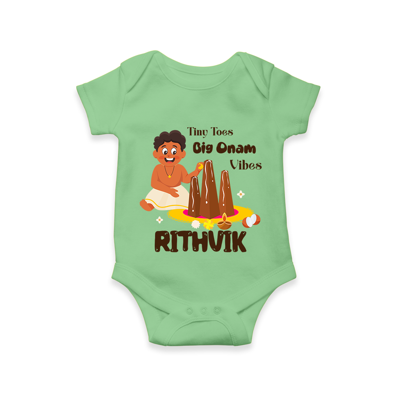 Tiny Toes Big Onam Vibes Romper / Onesie | Personalized Baby Romper / Onesie for Onam Festivities - GREEN - New Born (Chest 14")