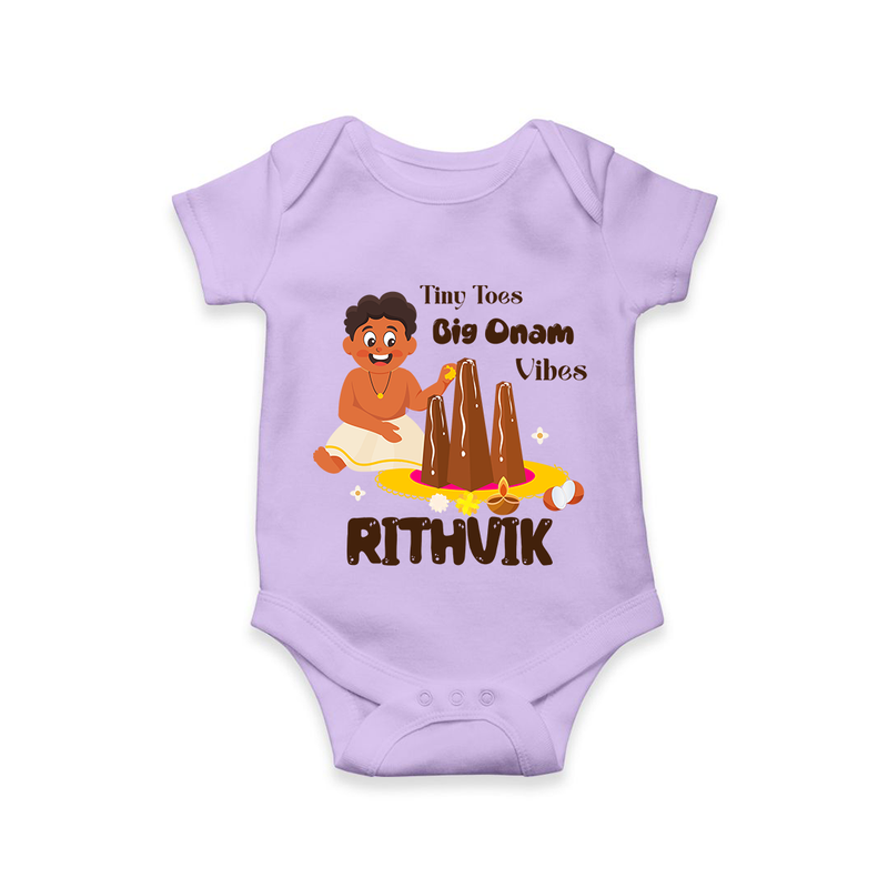 Tiny Toes Big Onam Vibes Romper / Onesie | Personalized Baby Romper / Onesie for Onam Festivities - LILAC - New Born (Chest 14")