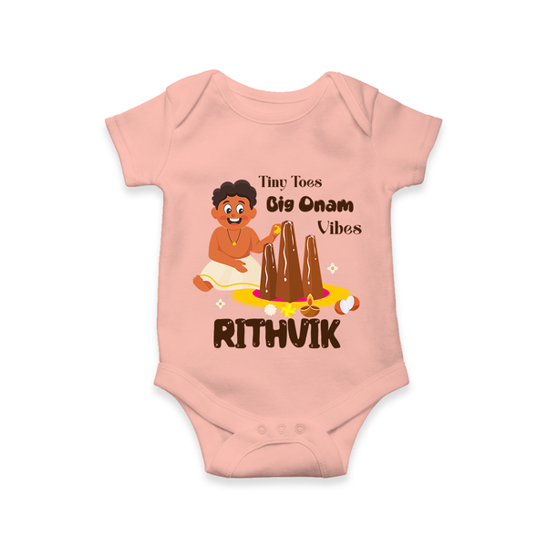 Tiny Toes Big Onam Vibes Romper / Onesie | Personalized Baby Romper / Onesie for Onam Festivities - PEACH - New Born (Chest 14")