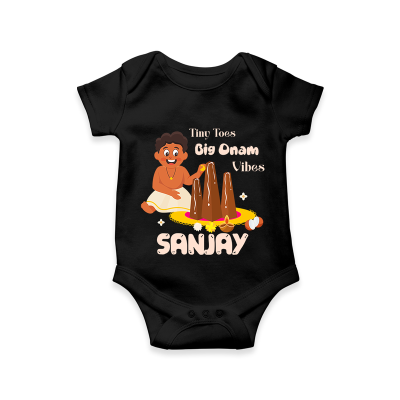 Tiny Toes Big Onam Vibes Romper / Onesie | Personalized Baby Romper / Onesie for Onam Festivities - BLACK - New Born (Chest 14")