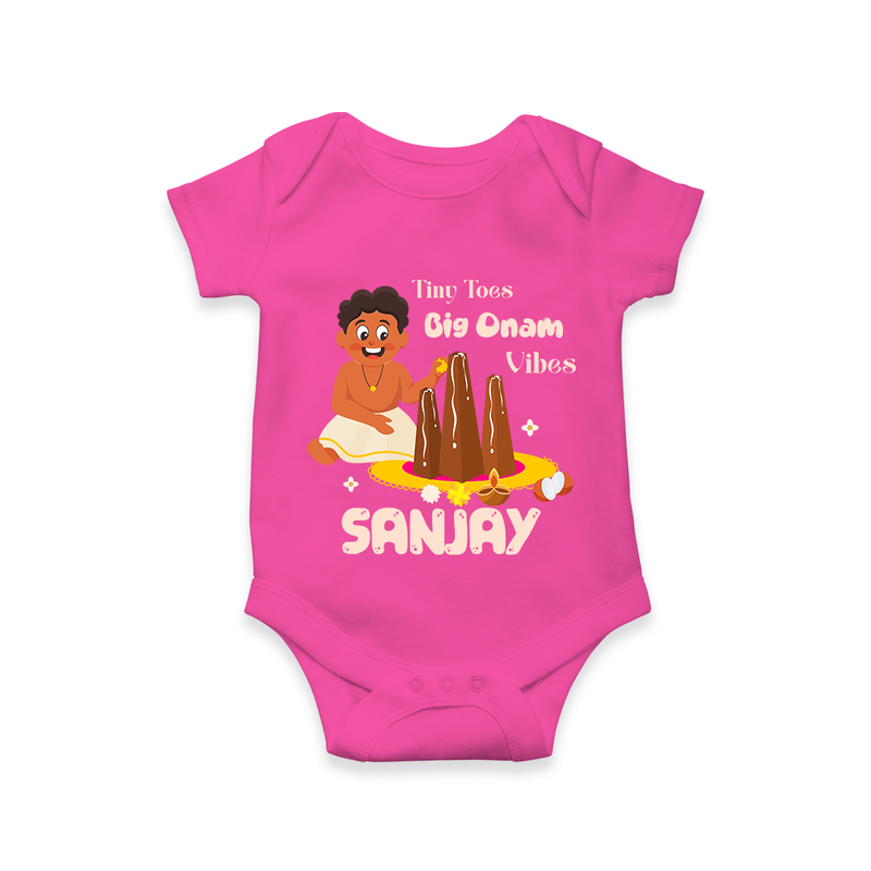 Tiny Toes Big Onam Vibes Romper / Onesie | Personalized Baby Romper / Onesie for Onam Festivities - HOT PINK - New Born (Chest 14")