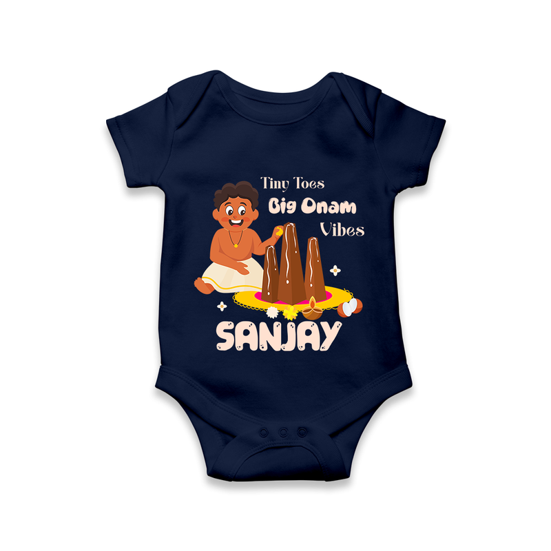 Tiny Toes Big Onam Vibes Romper / Onesie | Personalized Baby Romper / Onesie for Onam Festivities - NAVY BLUE - New Born (Chest 14")