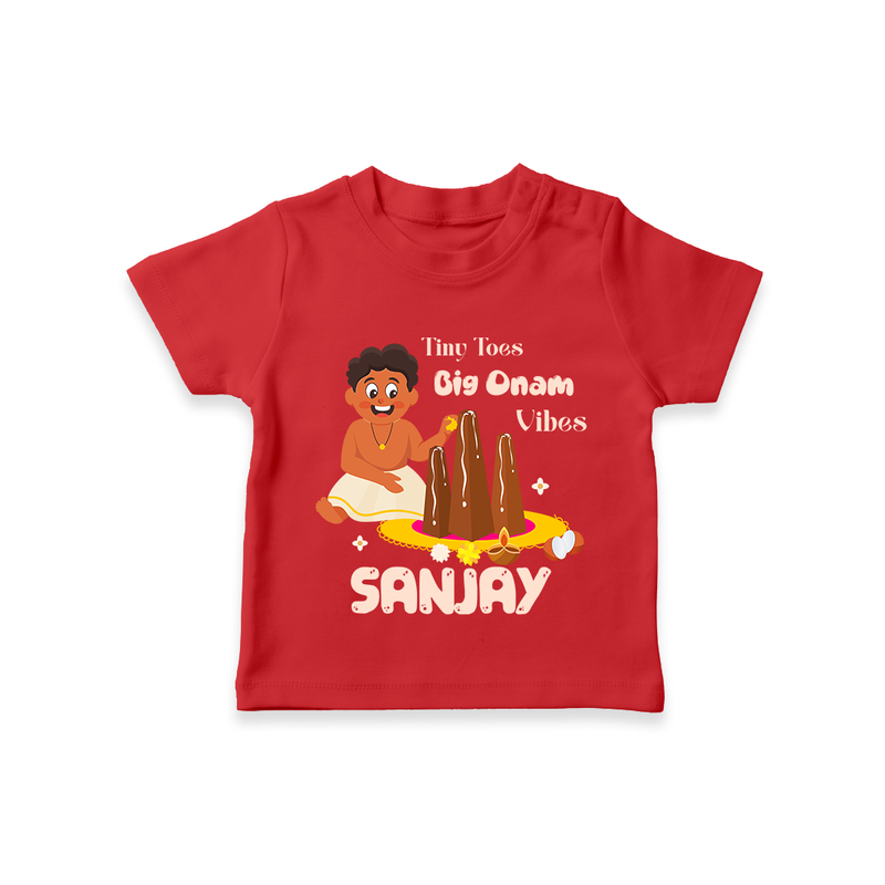 Tiny Toes Big Onam Vibes T-Shirt | Personalized Baby T-Shirt for Onam Festivities - RED - 0-5 Months Old (Chest 17")