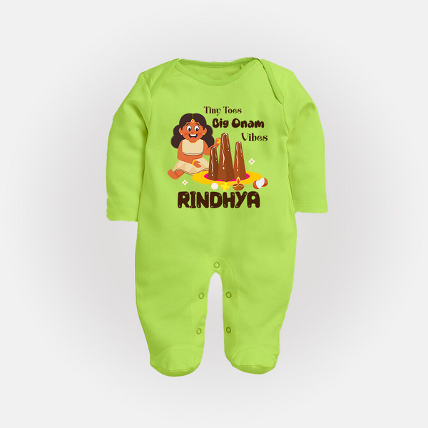 Tiny Toes Big Onam Vibes Sleep Suit | Custom Baby Sleep Suit for Onam Celebration - LIME GREEN - New Born (Chest 7.5")