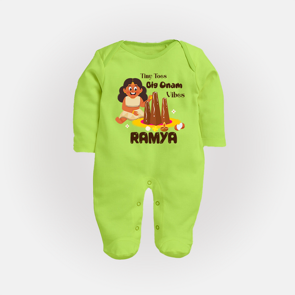 Tiny Toes Big Onam Vibes Girl Full Body Suit - LIME GREEN - New Born (Chest 7.5")
