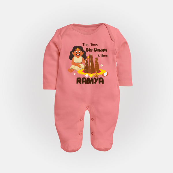 Tiny Toes Big Onam Vibes Girl Full Body Suit - PEACH - New Born (Chest 7.5")