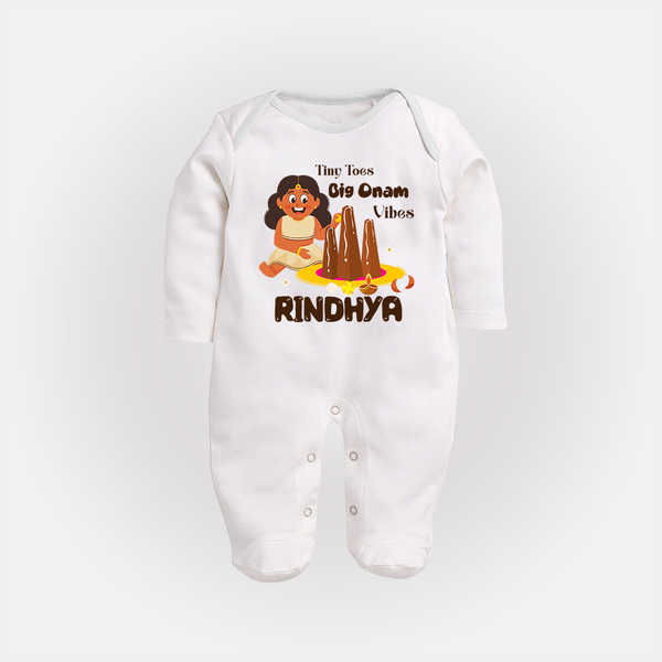 Tiny Toes Big Onam Vibes Sleep Suit | Custom Baby Sleep Suit for Onam Celebration - WHITE - New Born (Chest 7.5")