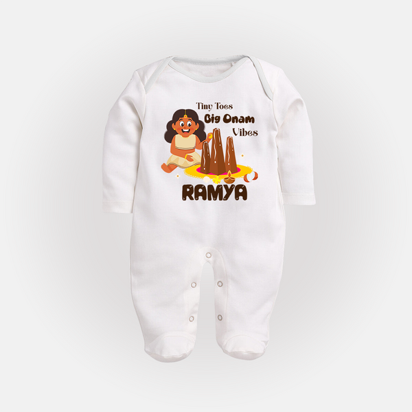 Tiny Toes Big Onam Vibes Girl Full Body Suit - WHITE - New Born (Chest 7.5")