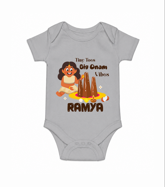 Tiny Toes Big Onam Vibes Girl Romper - GREY - New Born (Chest 14")