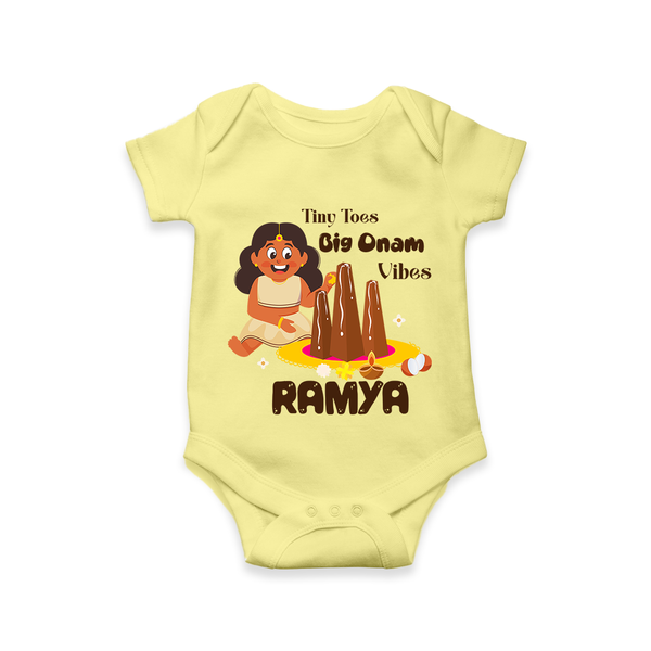 Tiny Toes Big Onam Vibes Girl Romper - PASTEL YELLOW - New Born (Chest 14")