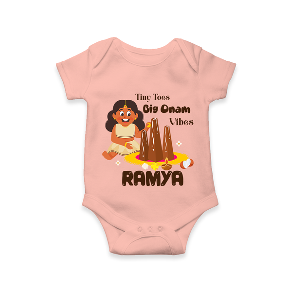 Tiny Toes Big Onam Vibes Girl Romper - PEACH - New Born (Chest 14")