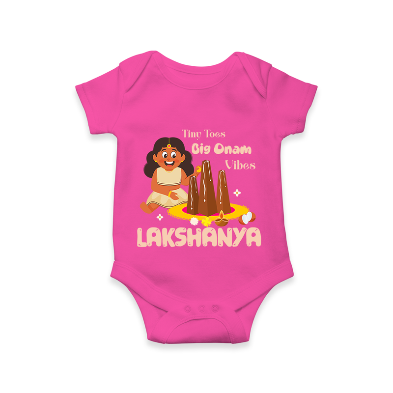 Tiny Toes Big Onam Vibes Romper / Onesie | Custom Baby Romper / Onesie for Onam Celebration - HOT PINK - New Born (Chest 14")