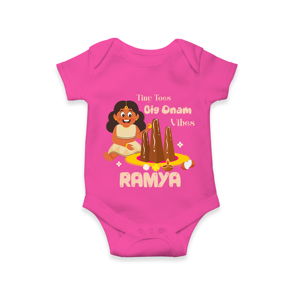 Tiny Toes Big Onam Vibes Girl Romper - HOT PINK - New Born (Chest 14")