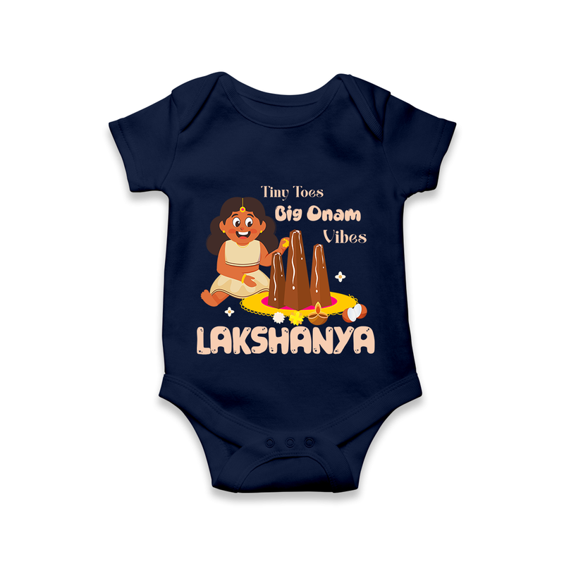 Tiny Toes Big Onam Vibes Romper / Onesie | Custom Baby Romper / Onesie for Onam Celebration - NAVY BLUE - New Born (Chest 14")