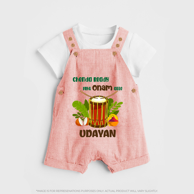 Chenda Ready Ithu Onam Alle Dungaree Set | Custom Baby Dungaree Set for Onam Fun with Chenda - PEACH - 0 - 5 Months Old (Chest 18")