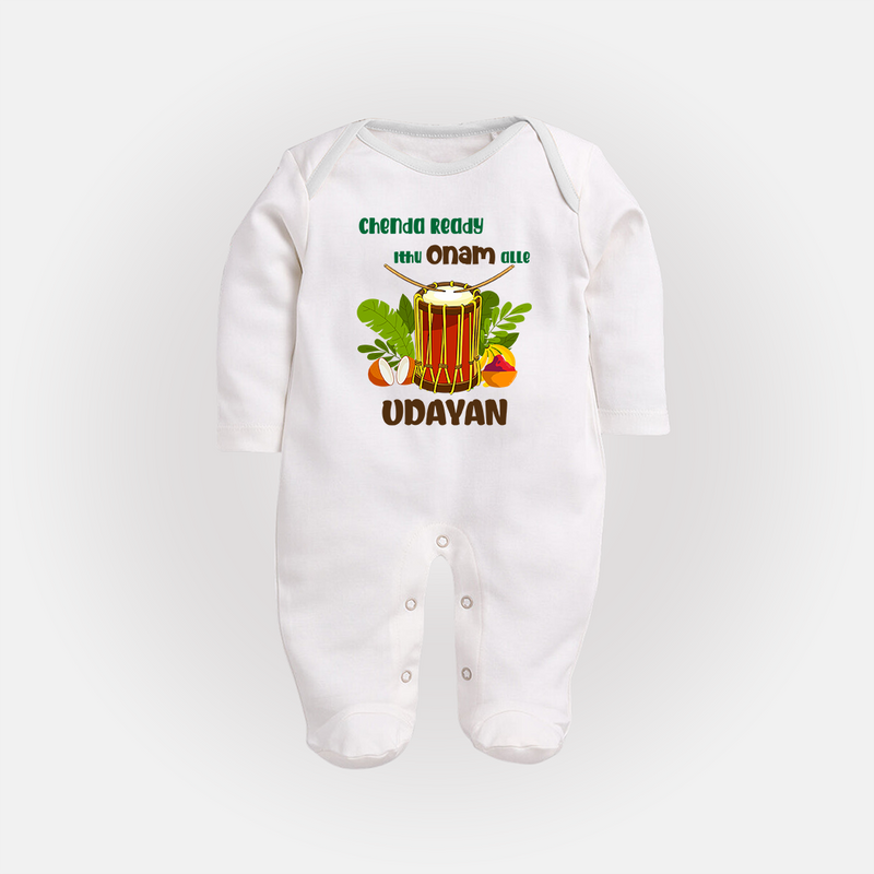 Chenda Ready Ithu Onam Alle Sleep Suit | Custom Baby Sleep Suit for Onam Fun with Chenda - WHITE - New Born (Chest 7.5")