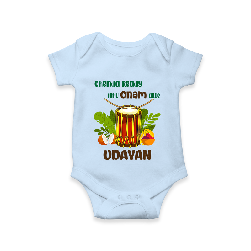 Chenda Ready Ithu Onam Alle Romper / Onesie | Custom Baby Romper / Onesie for Onam Fun with Chenda - BABY BLUE - New Born (Chest 14")