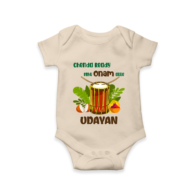 Chenda Ready Ithu Onam Alle Romper / Onesie | Custom Baby Romper / Onesie for Onam Fun with Chenda - IVORY - New Born (Chest 14")