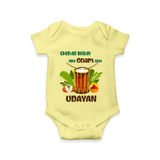 Chenda Ready Ithu Onam Alle Romper / Onesie | Custom Baby Romper / Onesie for Onam Fun with Chenda - PASTEL YELLOW - New Born (Chest 14")