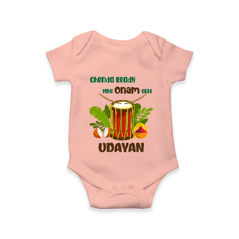 Chenda Ready Ithu Onam Alle Romper / Onesie | Custom Baby Romper / Onesie for Onam Fun with Chenda - PEACH - New Born (Chest 14")