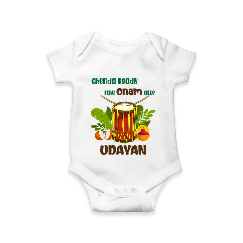Chenda Ready Ithu Onam Alle Romper / Onesie | Custom Baby Romper / Onesie for Onam Fun with Chenda - WHITE - New Born (Chest 14")