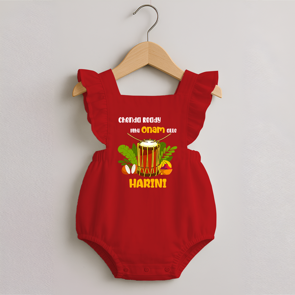 Chenda Ready Ithu Onam Alle Romper Frock | Custom Baby Romper Frock for Onam Fun with Chenda - RED - 0 - 3 Months Old (Chest 19")